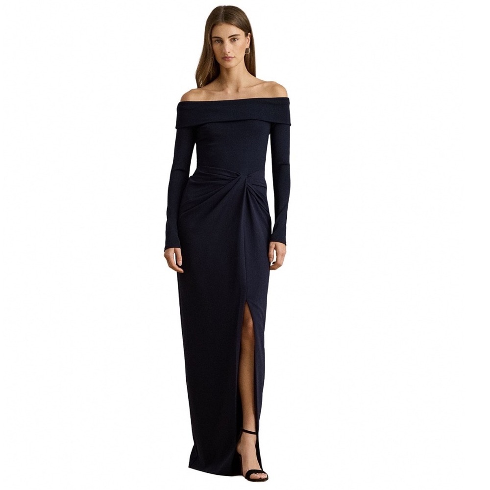 Lauren Ralph Lauren Navy Rib Knit Crepe Off The Shoulder Gown Dress Size 8